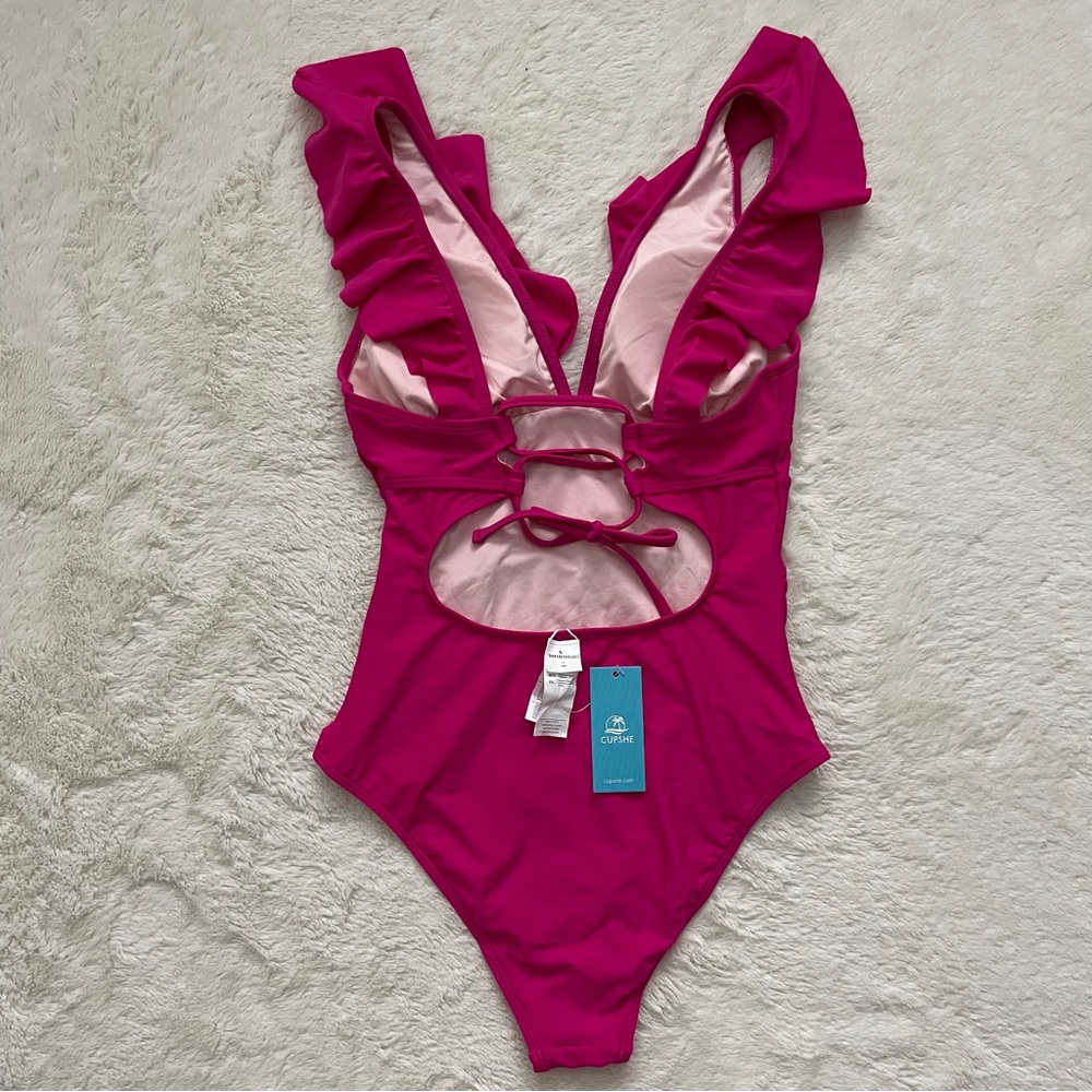 NWT CUPSHE Women's Deep V-Neck Ruffled Lace Up One Piece Swimsuit Hot Pink Small - Picture 3 of 13